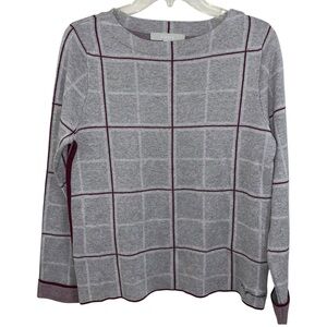 Bianca European Sweater Gray Windowpane Burgundy Trim Size 8 US